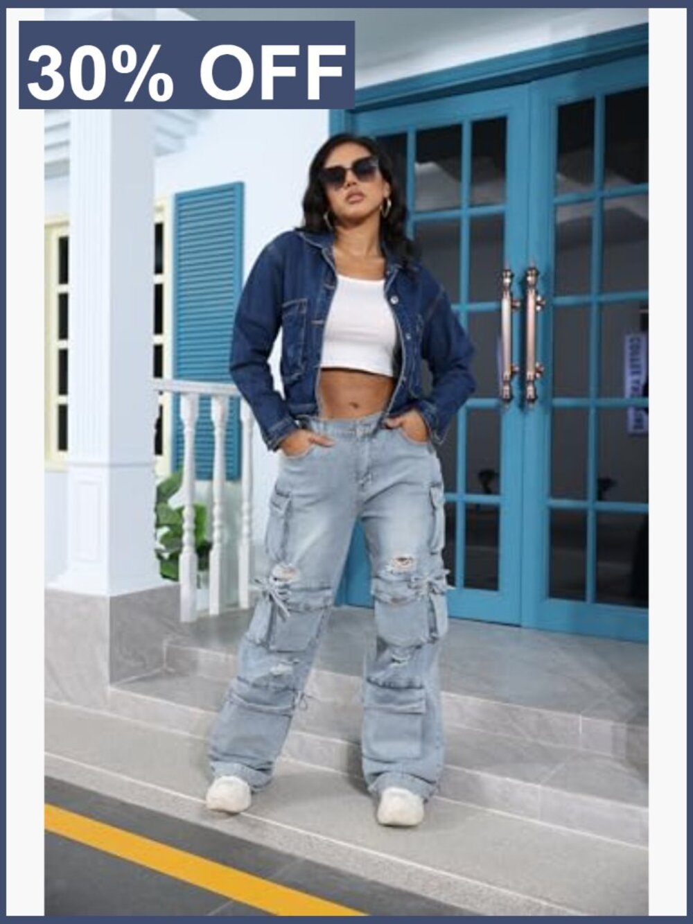Y2K Baggy Cargo Jeans High Waist Wide Leg Streetwear Pants with Pockets - Picture 2 of 7